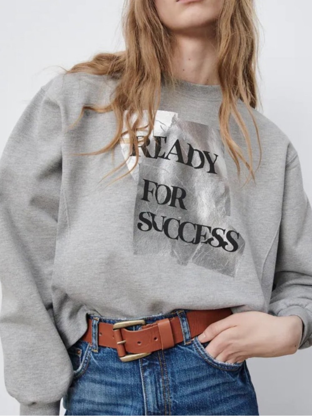 Zara Cropped Gray 'Ready For Success' Women's Crewneck Sweatshirt Size L